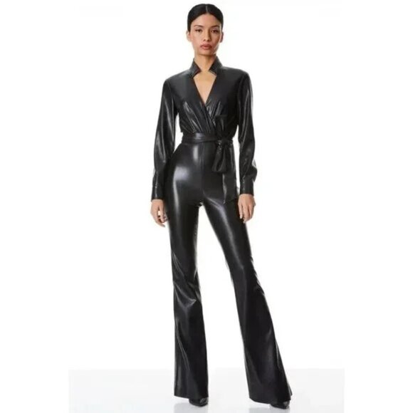 Alice + Olivia Pants - Alice + Olivia Evita Faux Leather Belted Jumpsuit Black 4